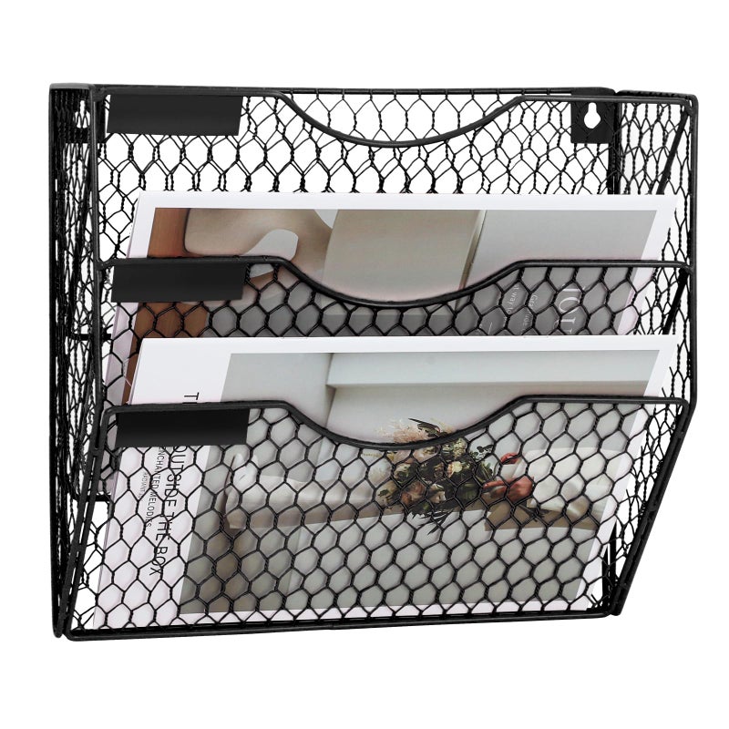 EASEPRES Mail Organizer Wall Mount Hanging File Holder Storage, Metal Chicken Wire Magazine Rack 3 Tier, Black - Image 1